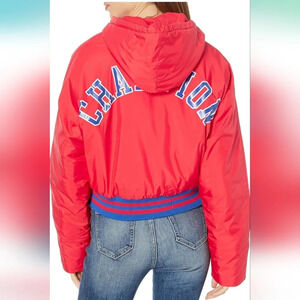 Champion women's puffer jacket block text